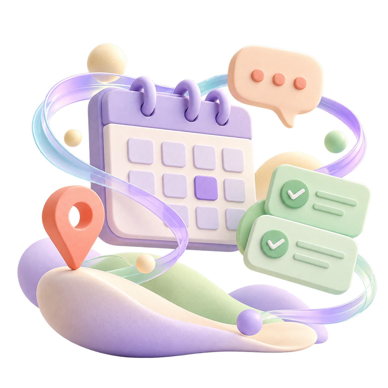 Pastel calendar, completed task cards, conversation bubble and location pin connected by flowing ribbons